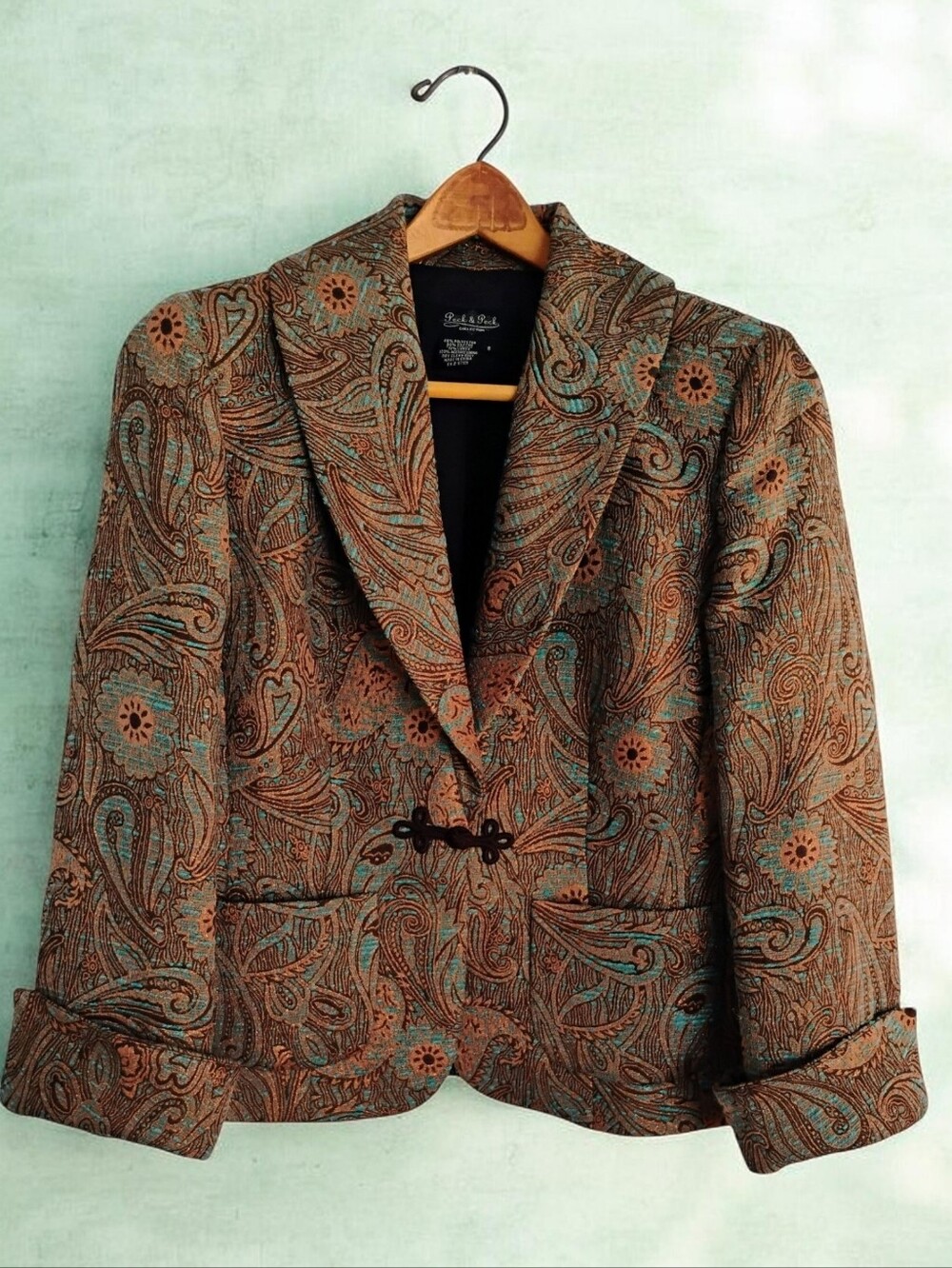 Peck & Peck Tapestry Paisley Jacket Brown Teal Frog Closure Pristine Vintage - 8